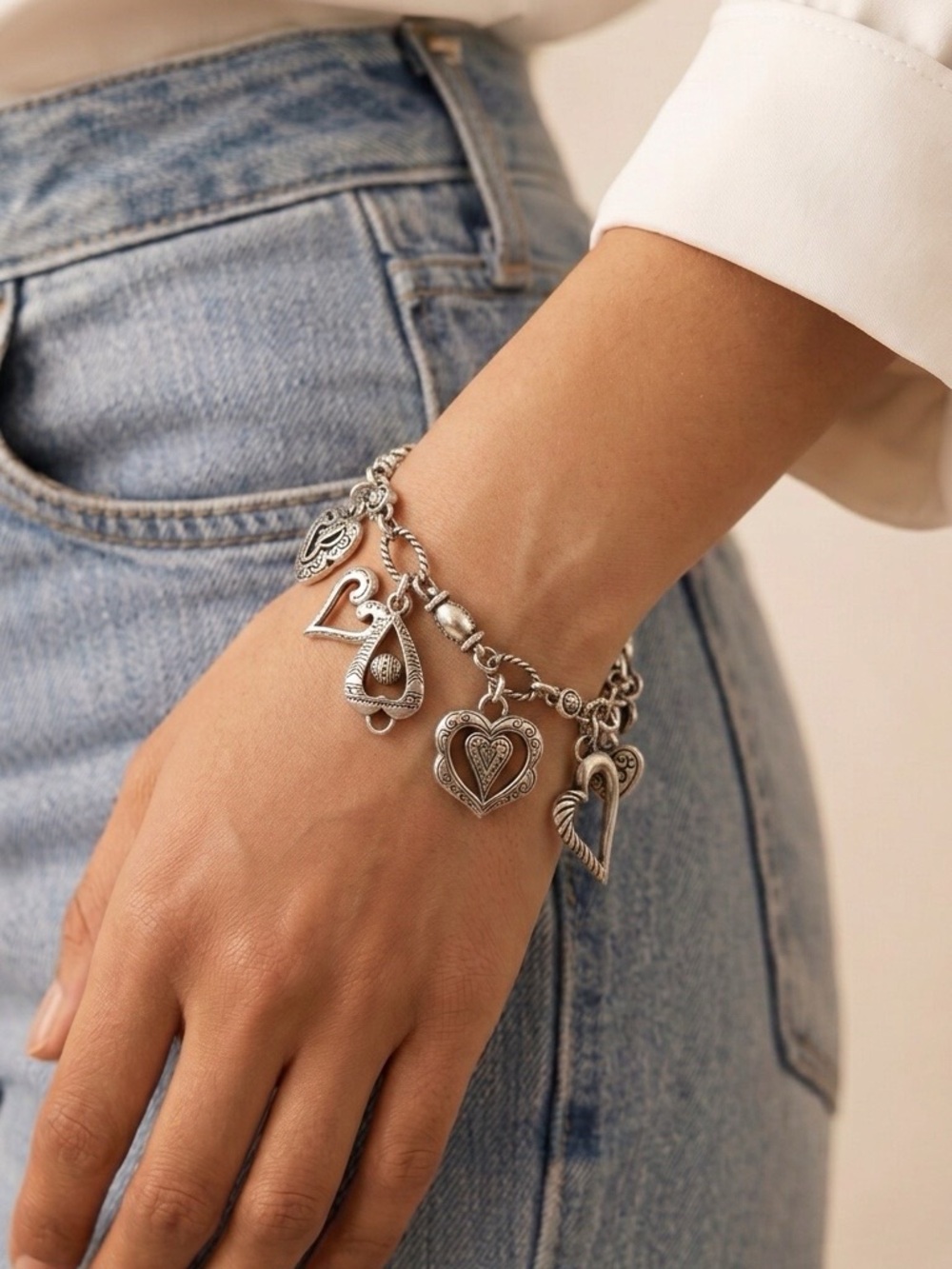 Brighton Sterling Silver Heart Charm Bracelet with Ornate Charms